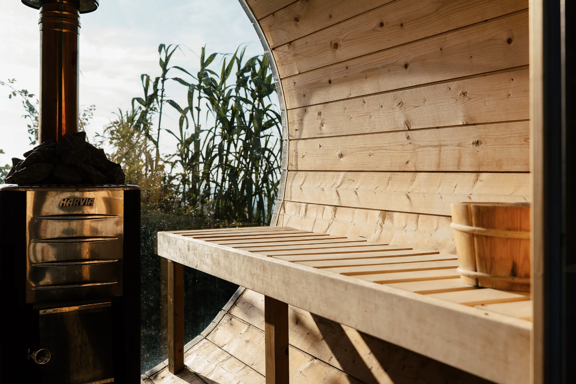 Sauna interior, pine and light